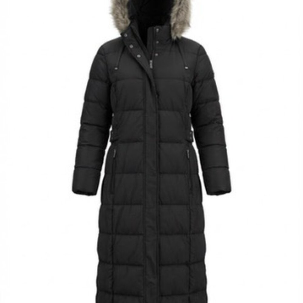 DKNY Womens Size Large Black Puffer Midi Coat with Faix Fur Trimmed  Hood